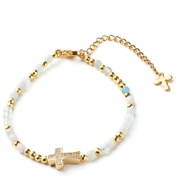 NWOT Dainty Cross Pave Cz & Natural Aquamarine, Extender Gemstone bracelet 2/$20 - Picture 2 of 5